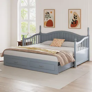 Ball & Cast Ausziehbares Schlafsofa Aus Massivholz 90/180 * 190 cm, mit geschwungener Rückenlehne und Armlehnen, mit Schubladen und Lattenrost, Multifunktionsbett Aus Kiefernholz, Grau