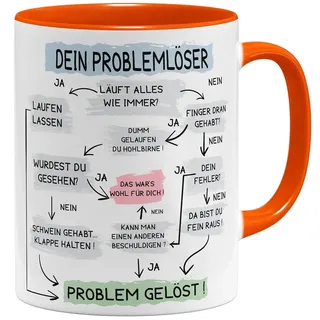 OM3® lustige Kaffee-Tasse mit Spruch - Problemlösung auf der Arbeit - Problemlöser - Keramik Becher - 11oz 325ml - Beidseitig Bedruckt - Orange