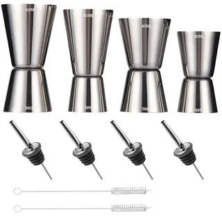 YQBFTC Cocktail Messbecher,4 Stück Edelstahl Barmaß 3cl/4cl/5cl/6cl Klein Jigger,Dual Gin cl Messbecher mit 4 Flaschenausgießern & 2 Pinseln für Party Wein Barmass Getränke Shaker und Cocktail Zubehör