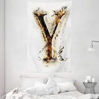ABAKUHAUS Buchstabe Y Wandteppich und Tagesdecke, Brennen Grunge aus Weiches Mikrofaser Stoff Waschbar ohne Verblassen Digitaldruck, 140 x 230 cm, Tan Schwarz Orange - Schwarz