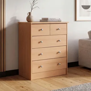 FineBuy Design Holz-Kommode Buche 60 x 70 x 35 cm mit 5 Schubladen Mehrzweckanrichte flach für Flur Modernes Sideboard zeitlose Anrichte - Braun