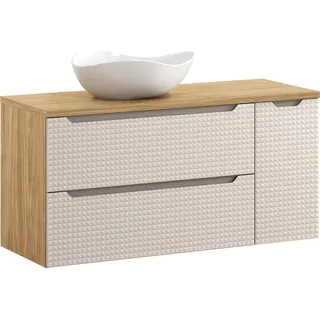 Badezimmerschrank 90 cm mit Eichenplatte und Cloud-Aufsatzwaschtisch - Beige, Braun