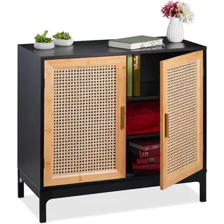 Relaxdays Sideboard mit Rattan-Geflecht, HxBxT: 76x80x39 cm, Kommode Wohnzimmer, 2 Türen, MDF & Bambus, schwarz/Natur