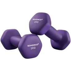 SONGMICS Hanteln, 2er Set, 2 x 1 kg, Hantelset, Kurzhanteln, Hexagon, Neopren-Beschichtung, Krafttraining, Workout, Fitnesstraining, für Zuhause, aschlila SYL902P02