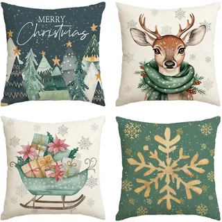 Artoid Mode Bäume Rentier Schlitten Schneeflocken Frohe Weihnachten Kissenbezüge 4er Set, 45x45 cm Christmas Zierkissenbezug Cushion Cover Couch Deko