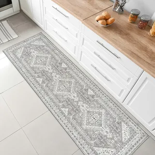 Green Decore Vernal Teppichläufer, maschinenwaschbar, rutschfest, stark frequentiert, fusselfrei, für Küche, Boden, Flur, Nachttisch, Waschküche, Persisches Design, 76 cm x 243 cm, Grau