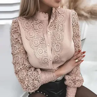 Damen Spitzenshirt Reine Farbe Mode Stehkragen Knopf Langarm Casual Bluse Elegant