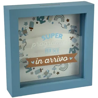 Dekorative Spardose mit blauem Rahmen, 16 x 16 cm, Design in Ankunft mit Babymotiven