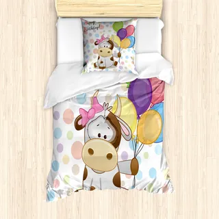 ABAKUHAUS Geburtstag Mantele, Baby-Kuh und Ballone, Milbensicher Allergiker geeignet mit Kissenbezügen, 135 cm x 200 cm - 80 x 80 cm, Mehrfarbig