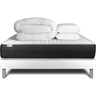 Komplettpaket Bett - Matratze 160x200 cm + Boxspringbett mit Lattenrost (im Set) + 2 Kopfkissen + Bettdecke - Vitalspring - Weiß