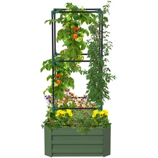Outsunny Hochbeet mit Rankhilfe, Blumenkasten mit Offenem Boden, Gemüsebeet, Pflanzkasten, Kräuterbeet für Garten, Balkon, Verzinkter Stahl, Grün, 61 x 61 x 140 cm - Grün