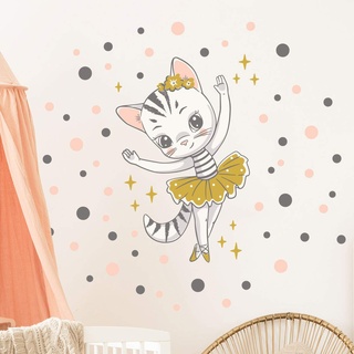 Wandsticker Kinder - Babyzimmer - Wandaufkleber Kinder - Wandtattoo Katze Ballerina + 100 bunte Kreise - Wandaufkleber Mädchen - H45 x L30 cm