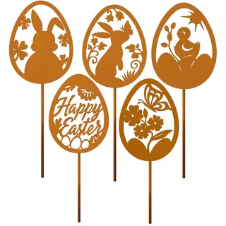 PIujsym 5 Stück Gartenstecker Ostern Set, Rost Optik Ostereier, Osterdeko für Draußen, Osterhase Deko, Gartendeko Metall, Wetterfeste Frühlingsdeko Outdoor, Osterdeko Garten, Deko Ostern