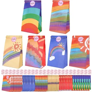Romon Papiertüten Kindergeburtstag, 12 Stück Kleine Bunt Geschenktüten mit 12 Aufkleber, Regenbogen Kraftpapier Tüten für Verpacken von Geschenken, Giveaways,Party, Feiern,Hochzeit