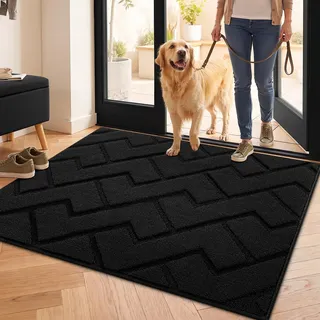 Biscpro Fußmatte Innen Außen 80x100cm,Schmutzfangmatte rutschfest Fussmatte Innen Waschbar Eingangsteppich Innen Fussmatten Haustür dünn Innen für Eingang, Flur, Garten, Innen, Haustier- Schwarz