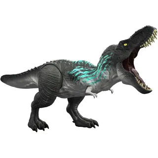 Mattel Jurassic World T-Rex Actionfigur mit Wachstumsfunktion und Gebrüll, 45 cm, Blau/Schwarz