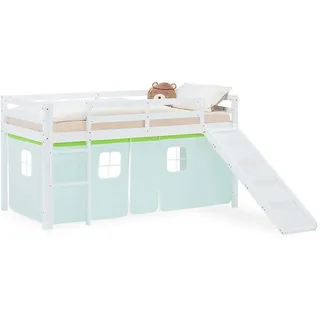 Homestyle4u Hochbett 90/200 cm in weiß Rutsche Bettvorhang Grün , Textil , Kiefer , 90x200 cm , Babymöbel & Kindermöbel, Kinderzimmer & Jugendzimmer, Kinderbetten, Hochbetten
