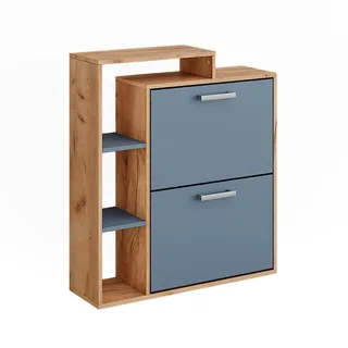 Vicco Schuhkipper Orlando Goldkraft Eiche/Blau 80 x 90 cm , Honigeiche, Dunkelblau , Holzwerkstoff , 6 Fächer , 2 Schubladen , Rechteckig , 80x90x24.2 cm , Garderobe, Schuhaufbewahrung, Schuhkipper