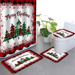 APROPHIC 4-Teiliges Weihnachtsduschvorhang-Set Weihnachtsbaum Rot Kariertes Badezimmerset mit Duschvorhang und Teppich, Toilettendeckelmatte und U-förmigem Pad Waschbar 72x72 Zoll
