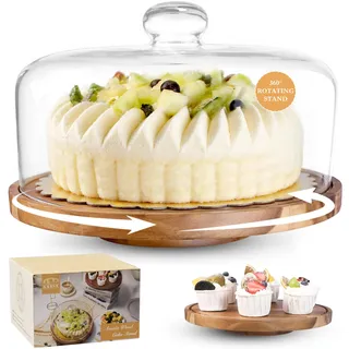 Krbnk Tortenständer aus Holz mit Glaskuppeldeckel – Kuchen-Drehteller zum Dekorieren von ossierenden Dessert-Display für Hochzeiten, Partys, Backgeschenke, Charcuterie-Obstplatten