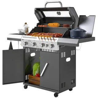 Gasgrill 12 KW Grillwagen inkl 5 Brenner Seitenkocher Rolle Druckminderer Deckel Gasschlauch 2 Heizzonen Thermometer Seitenablagen, BBQ Gartengrill für Balkon, Grill 135 x 54 x 110 cm |