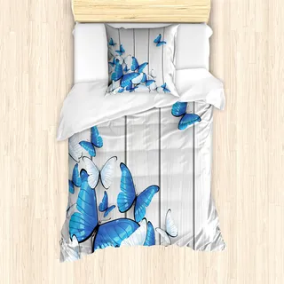 ABAKUHAUS Schmetterlinge Mantele, Insekt Holz-Holz, Milbensicher Allergiker geeignet mit Kissenbezügen, 135 cm x 200 cm - 80 x 80 cm, Grau, Weiß, Blau - Grau