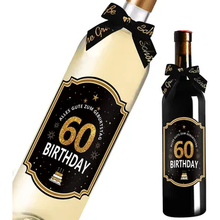 60. Geburtstag Flaschenetikett mit Schleife Schwarzes Gold Lack veredelt 8.5 x 10.5 cm Happy Birthday 60 - Geburtstagsdeko Geburtstagsgeschenk Geschenke für Frauen Männer