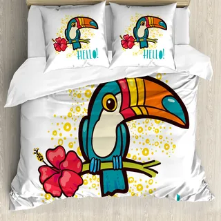 ABAKUHAUS Hallo Bettbezug, Toucan Vogel mit Hibiscus, Milbensicher Allergiker geeignet mit Kissenbezügen, 200 cm x 200 cm - 80 x 80 cm, Mehrfarbig