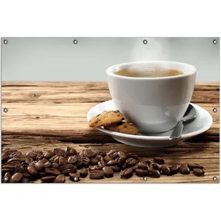 Wallario Outdoor-Poster für Garten oder Balkon, Motiv Heiße Tasse Kaffee mit Kaffeebohnen, in ca. 100 x 150 cm - Braun