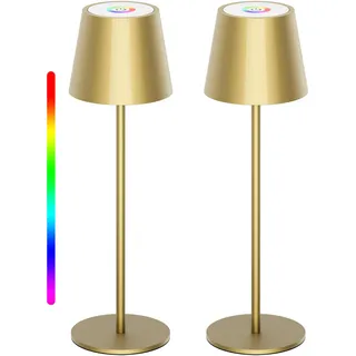 Aipsun 2 Stück Dimmbare LED akku Tischlampe Gold mit 5000mAh, Touch Dimmbar 8 Farben warme 3000K+ RGB tischleuchte kabellos, Aluminium, USB-C, IP54, für den Innen und Außenbereich