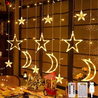 Arespark Sterne Mond Lichterkette, 3,5M LED Weihnachtsbeleuchtung, Lichtervorhang Batteriebetriebe/USB, 8 Modi Vorhanglicht Ideal für Hochzeit Party Fenster Balkon, Weihnachtsdeko