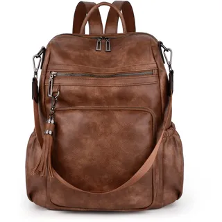 UTO Damen Rucksack Vegane Leder Mode Multifunktionsrucksack mit Quaste Lässige Schultertaschen mehres Kompartiment Große Kapazität Reißverschluss Umhängetasche Für Mädchen Reise Universität Braun