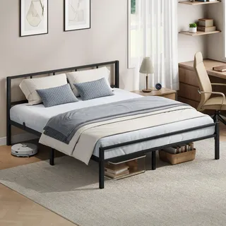VASAGLE Metallbett 160 x 200 cm, stabiler Bettrahmen mit Kopfteil und Lattenrost, Bettgestell, einfache Montage, schwarz - Schwarz