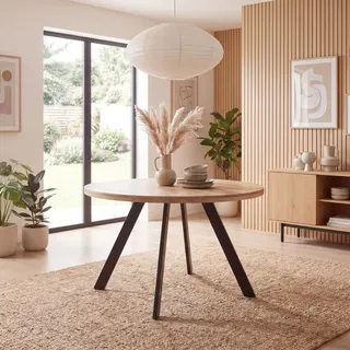 FineBuy Esstisch Rund 120cm Mango Massivholz - Massiver Esszimmertisch Beine schwarz - Echtholz Tisch für Esszimmer - Holztisch im Industrial Design - Braun