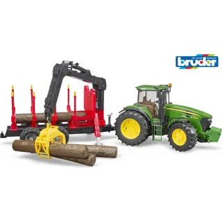 Bruder John Deere 7930 mit Rückeanhänger, Ladekran und 4 Baumstämmen - Beige