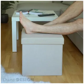 Dune Design DuneDesign Faltbarer Sitzhocker 38cm Fußhocker Polsterhocker mit ca 42L Stauraum Sitzwürfel Sitzkasten Ottomane Leinen Beige-Grau