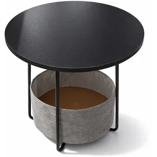 Relaxdays Beistelltisch, runder Couchtisch, mit Stoffkorb, HD 50x45cm, Kaffeetisch Wohnzimmer, MDF, Metall, schwarz-grau