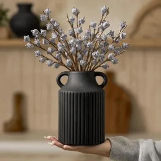 DN DECONATION Vase für Wohnzimmer Deko, Rustikale Blumenvase Tischdeko | Amphore Vase mit Textur, Keramikvase, Boho Deko, Kleine schwarze Blumenvase für Bücherregal und Tisch deko, Vasen