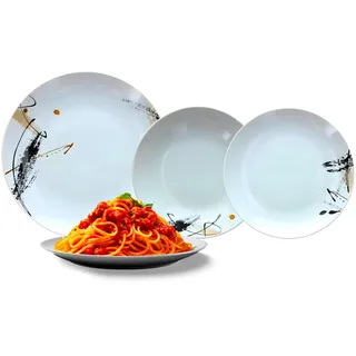 Avilia 18-teiliges Tellerservice aus weißem Porzellan mit schwarzem grafischem Dekor – Set bestehend aus tiefen Tellern, Tellern und Desserttellern – elegant und modern, ideal für jeden Anlass