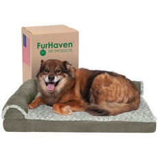 Furhaven Large Memory Foam Dog Bed Two-Tone Faux Fur & Suede L Shaped Chaise w/Removable Washable Cover - Dark Sage, Large
