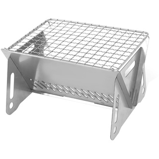 NUZAMAS Edelstahlgrill, tragbarer Mini-Campinggrill, runder Holzkohlegrill, Outdoor-Camping-Werkzeug für Picknick, Wandern, Kochen, Grillen