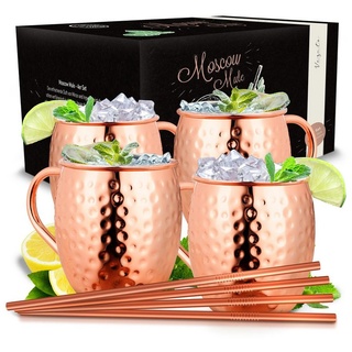 Vezato Moscow-Mule-Becher [500ml] – Gehämmerte Kupferbecher mit Strohhalmen – Handgemachtes -Set [4 Stück] – Rostfreie Kupfer Becher