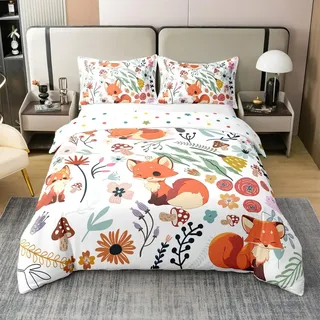 Süßer Fuchs 100% Baumwolle Bettbezug für Mädchen,Woodland Fox Tröster Bezug 135x200,Natürlicher Wildpilz Bettwäsche Set,Wildtier Bettwäsche Abdeckung für Schlafzimmer Dekor