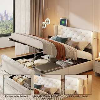 140 x 190 cm großes Bett mit Stauraum, Kopfteil, USB-Ladeanschluss, Lattenrost, Bettgestell, modernes Doppelbett, Beige - Beige