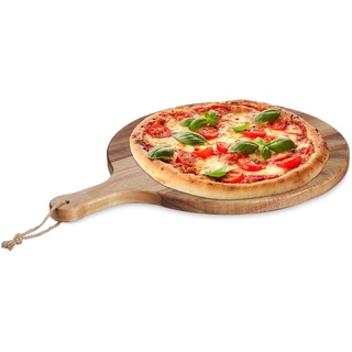 Relaxdays Pizzabrett, rundes Schneidebrett aus Akazienholz, Ø 35,5 cm, Pizzateller mit Griff, Käsebrett, Natur, Holz