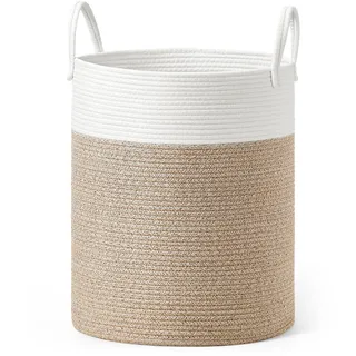 SONGMICS Wäschekorb, Wäschesammler für Kinder, Aufbewahrungskorb, Baumwollseil, mit Henkel, für Decken, Kuscheltier Aufbewahrung, Schlafzimmer, Kinderzimmer, 60 L, weiß-graubraun RLH061LZ01