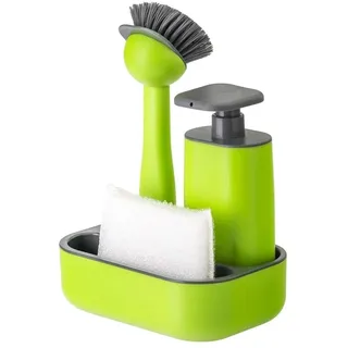 Avilia Grünes Küchenset mit Schwammhalter, Seifenspender für Geschirr und Bürste – Ideal zum Organisieren und Ordnen Ihres Spülbeckens – Hergestellt aus robusten und langlebigen Materialien