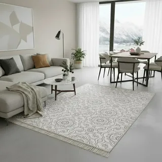 Jimri Teppich Läufer - Tepiche für Wohnzimmer, Schlafzimmer, Küche, Kinderzimmer, Badezimmer - Boho Kelim - Läufer Flur, Hellgrau-Creme, Größe: 160x230 cm