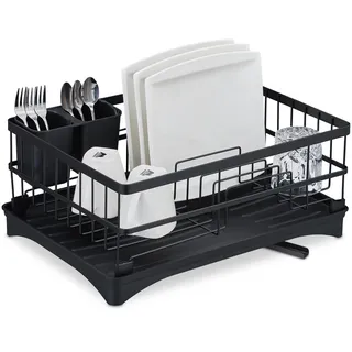 Relaxdays Abtropfgestell, mit Abfluss, H x B x T: 18 x 42 x 30 cm, Geschirrtrockner für Teller, Tassen, Schalen, schwarz,