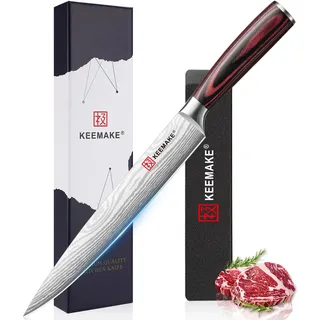 KEEMAKE Scharf Fleischmesser 20cm - Profi Kochmesser Küchenmesser aus Edel-Stahl, Tranchiermesser Schinkenmesser mit ergonomischem Pakkaholz-Griff, Allzweck Grillmesser Chef Knife, Vatertagsgeschenk